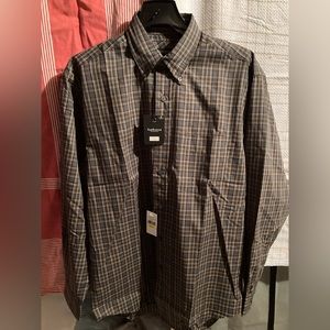 Van Heusen Button Down Shirt New Small 14-14 1/2 Wrinkle Free Plaid Gray Brown